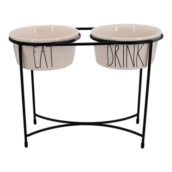 Rae Dunn Eat and Drink Dog Bowls Raised Pet Feeder Ivory Ceramic Dishwasher Safe - Picture 1 of 4